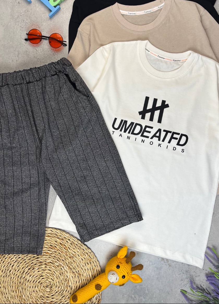 تیشرت شلوارک پسرانه طرح UMDEATED پارچه یکرو پنبه با شلوارک جیب دارکد ۳۴۹۱