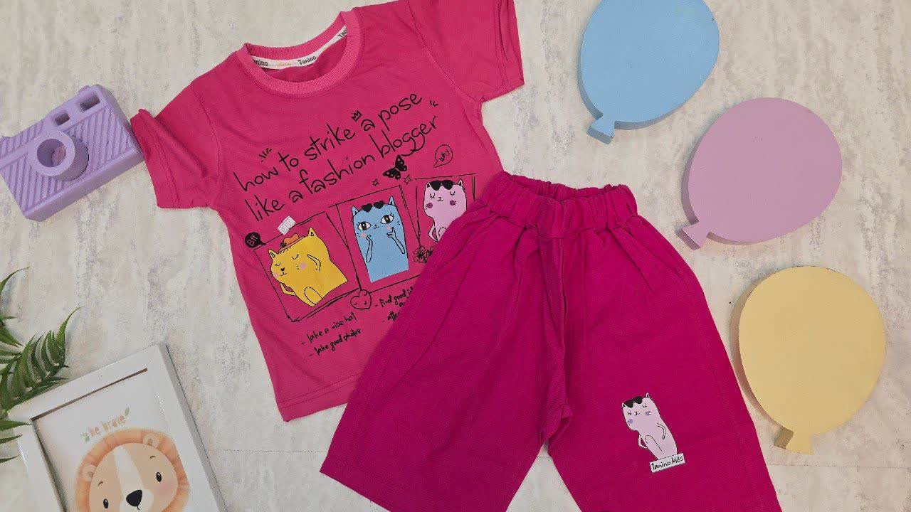 تیشرت پنبه با شلوارک لنین دخترانه